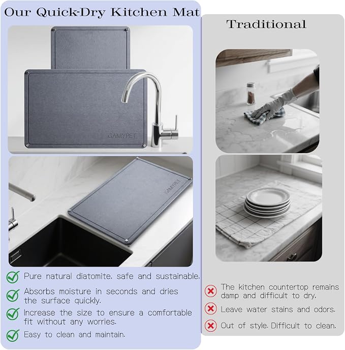 Stone Dish Drying Mat 24"×16" Large Diatomaceous Earth Dishes Quick Dry Pad - Image 6