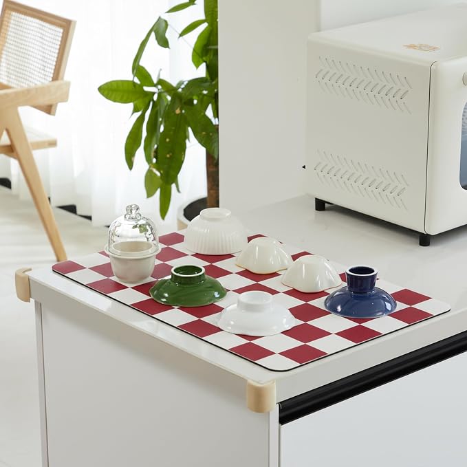 Red Checkered Dish Drying Mat for Kitchen Counter, Coffee Bar Station - Image 3