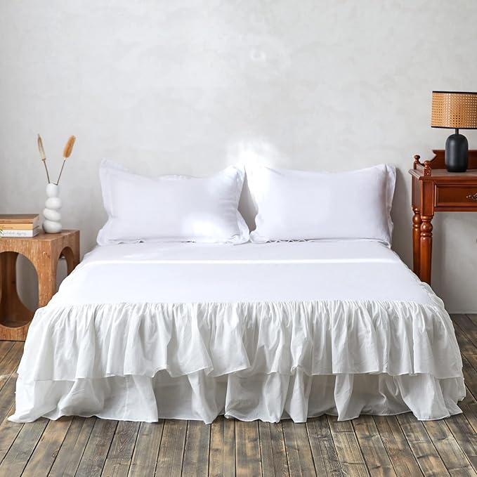 BISELINA White Ruffled Bed Skirt 22-Inch Tailored Drop Cotton Voile Dust Ruffle Soft Cozy Elegant Luxurious Bedding (22" King, White)