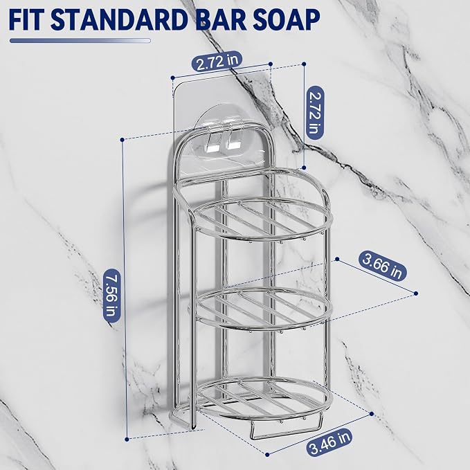 Silver 3-Tier Shower Soap Shampoo Bar Holder, Self Adhesive & Freestanding - Image 2