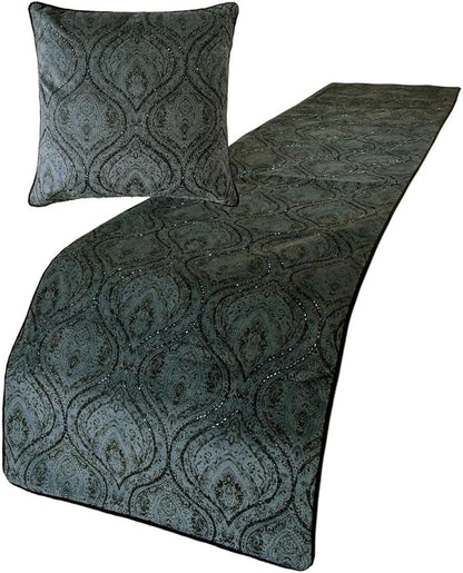 The HomeCentric King/Queen/Twin Gray Decorative Queen 74"x18" Bed Runner Without Pillow Cover, Damask, Victorian & Bead Embroidery Bed Scarf on Suede Fabric - Beatrice
