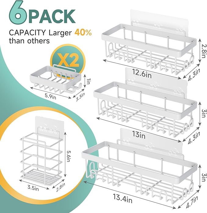 Veken 6-Pack Rustproof&Waterproof Shower Caddy, Adhesive Shelves Rack - Image 5