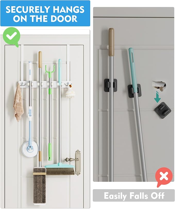 Over the Door Broom Holder, Mop and Broom Holder Door Mount, Hanging Organizer - Image 2