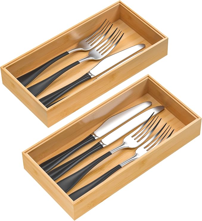 Silverware Tray for Drawer, Stackable Kitchen Bamboo Drawer Organizer 12" x 6" by VeyFey