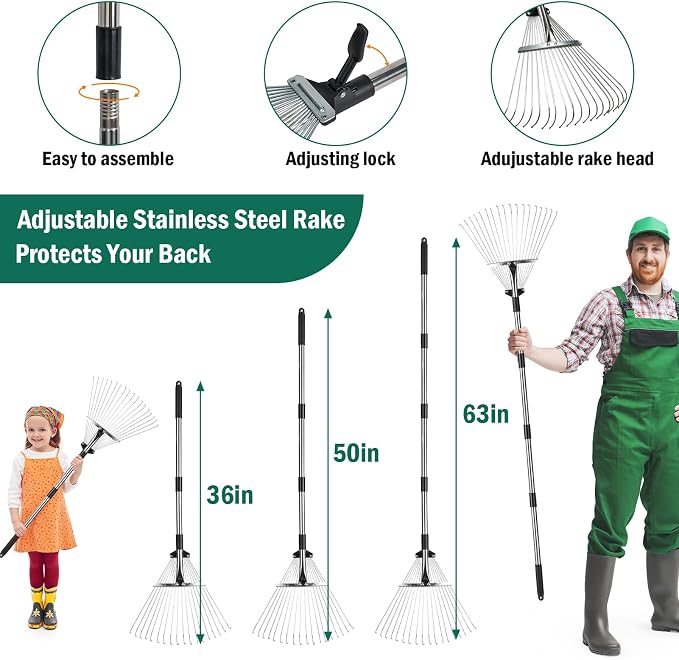 60Gallon Leaf Collector and Adjustable Metal Rake Set, Detachable 18 Tines Leaf - Image 4