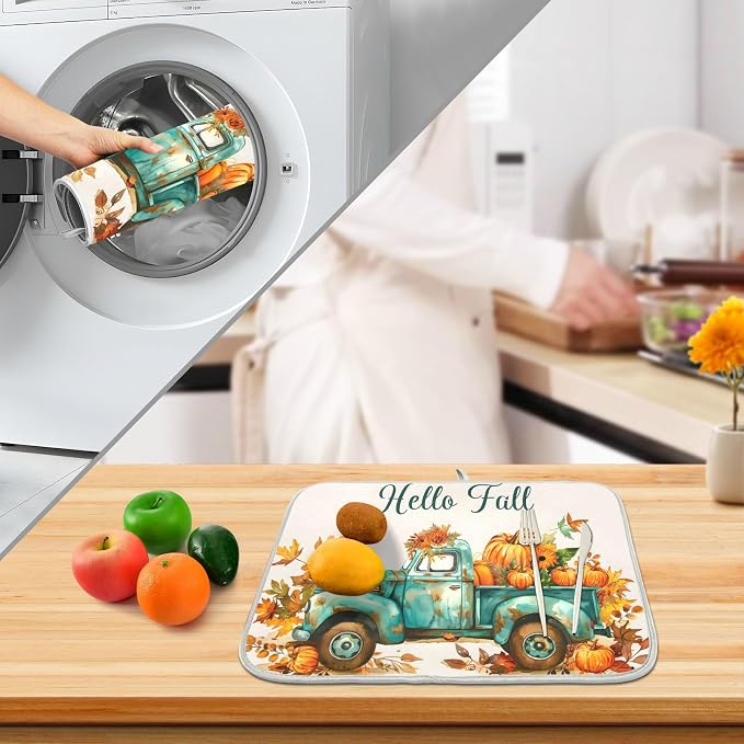Vintage Fall Truck with Pumpkins Autumn Leaves Dish Drying Mat - Image 4