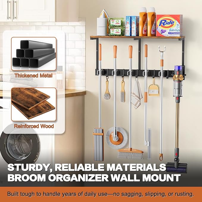 Broom Holder Wall Mount with Cleaning Supplies Organizer, Laundry Room - Image 6