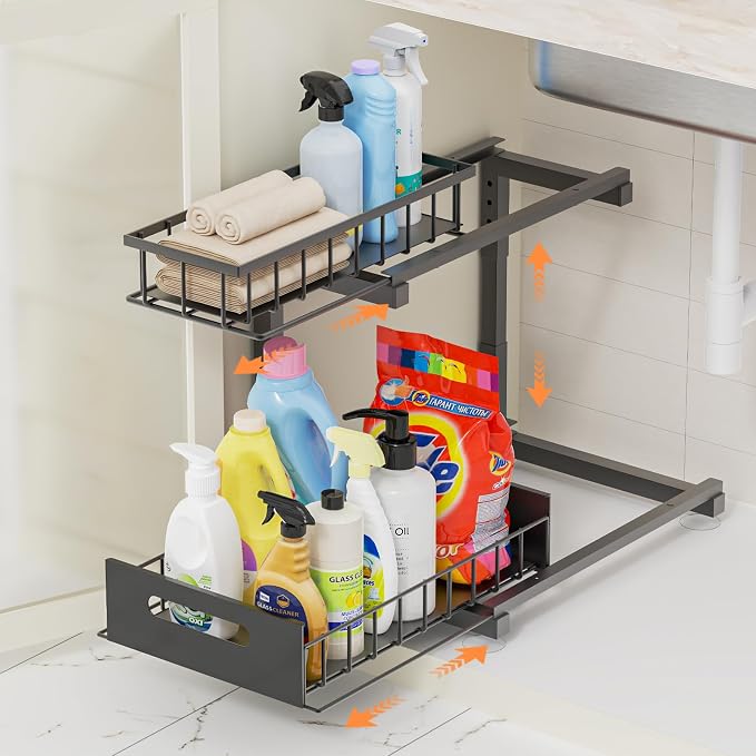 Under Sink Organizer Storage 2-Tier Heavy Duty Metal Pull Out Cabinet Organizer by Toyear