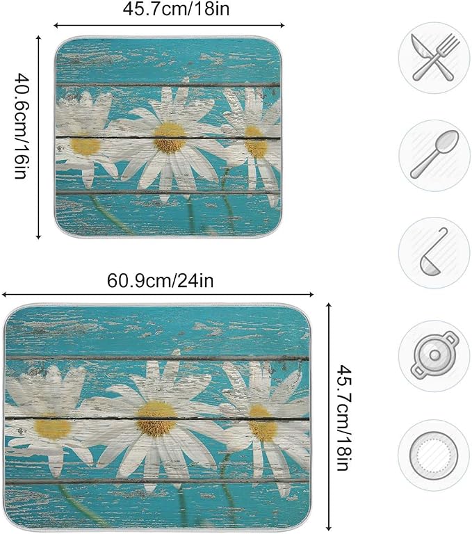 Daisy On Old Wooden Board Dish Drying Mat - Image 4