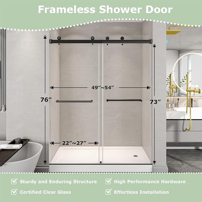 49"- 54" W x 76" H Frameless Shower Door, Double Sliding Shower Door, 5/16" - Image 3