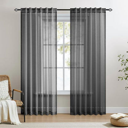 Dreaming Casa Black Sheer Curtains 84 Inches Long, Rod Pocket & Back Tab Light Filtering Textured Sheers for Living Room Bedroom, 2 Panels, Each 52" W x 84" L