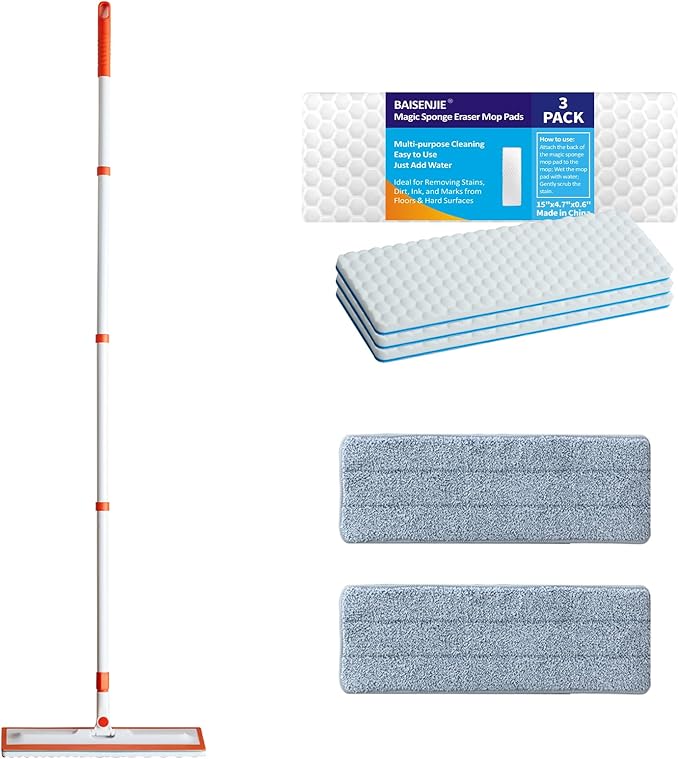 Magic Sponge Eraser Mop, 2 Microfiber Pad and 3 Magic Sponge Eraser Pads by BAISENJIE