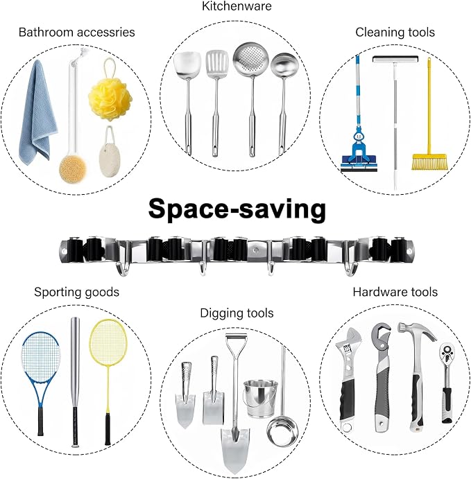 5 Racks and 4 Hooks Mop and Broom Holder Wall Mount, SUS304 Heavy Duty Broom - Image 4