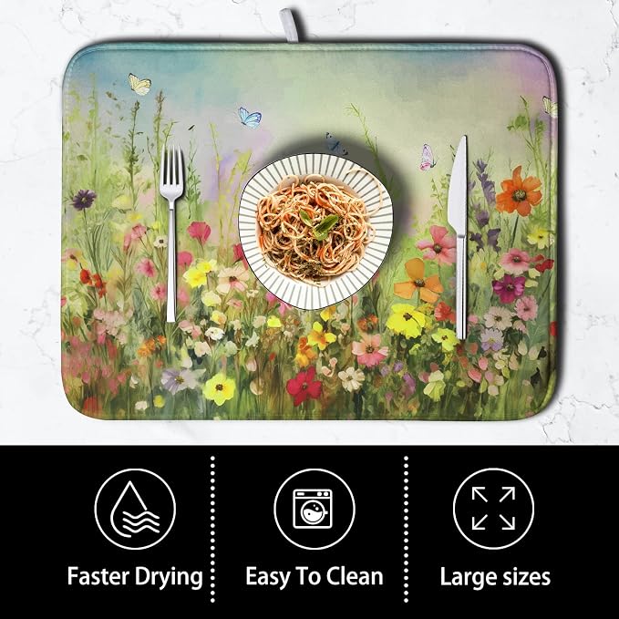 Spring Floral Dish Drying Mat for Kitchen Counter 18x24 Inch Sage Green Wild - Image 4
