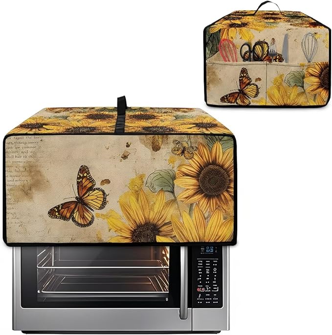 Microwave Oven Dust Cover Dust-Proof Sturdy Microwave Oven Cloth Cover Waterproof Kitchen Appliance Protector Suitable for Most Microwave Ovens, Vintage Sunflower Butterfly Letter Print, S