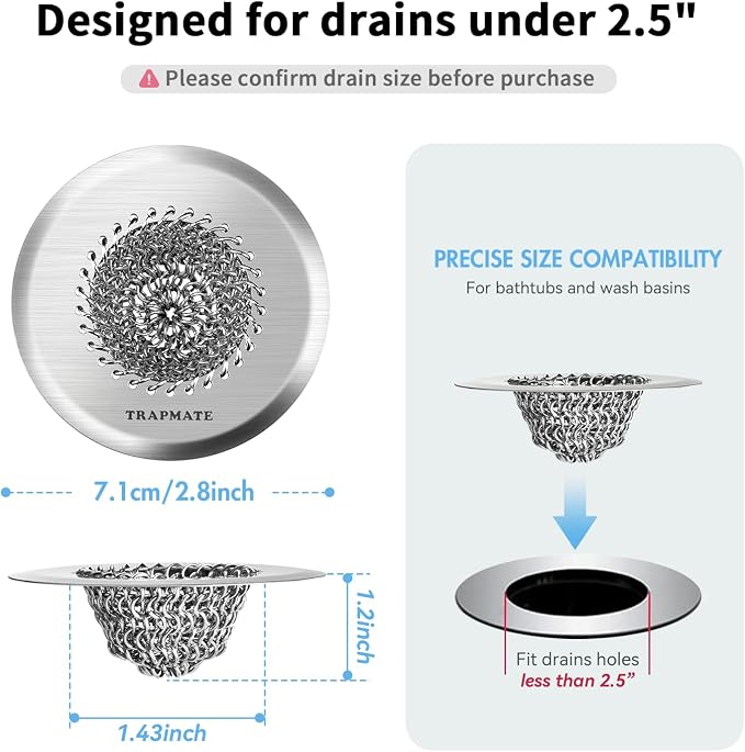 TRAPMATE 2PCS Bathtub Drain Strainer, 2.8" Patented Reversible Shower Tub Drain - Image 2