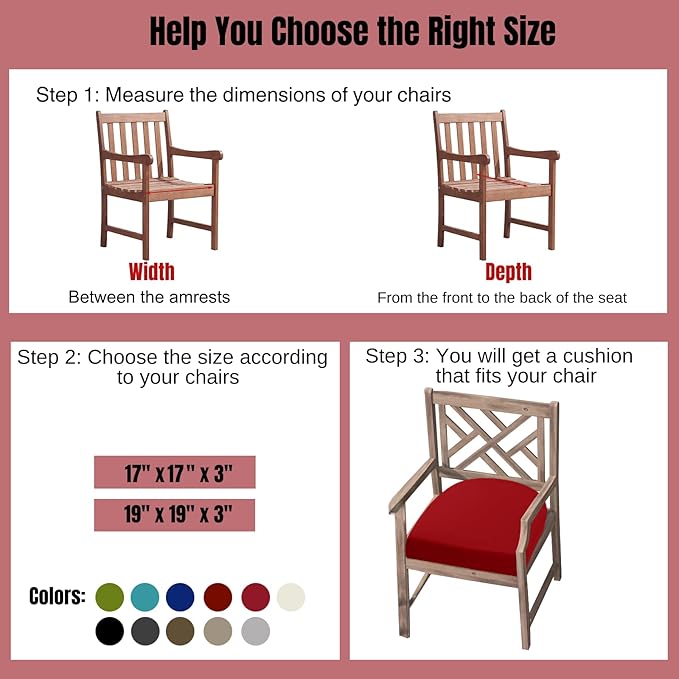 idee-home Outdoor Chair Cushions Set of 2, Thick 17" x 17" x 3" Outdoor Seat Cushion Patio Furniture Waterproof with Ties, Patio Chair Pads Dining Red
