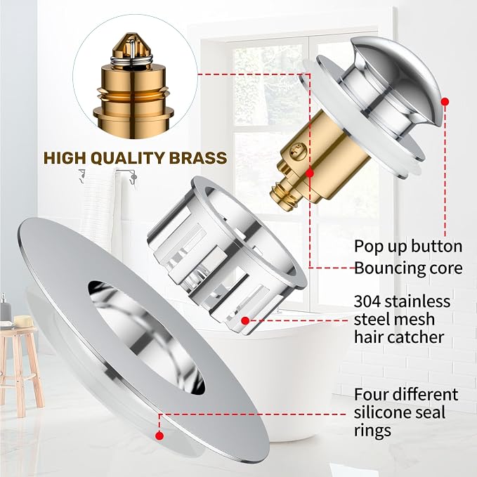 Kitchen Sink Drain Strainer 3 in 1, 304 Stainless Steel Pop Up Sink Stopper - Image 5