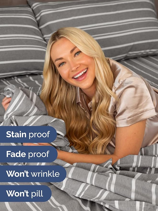 Extra Deep Twin XL Sheet Set - 4 Piece Breathable and Cooling Sheets - Hotel Luxury Bed Sheets Set - Easy Fit - Soft, Wrinkle Free and Comfy Sheets Set - Grey Striped Sheet Set with Extra Deep Pockets