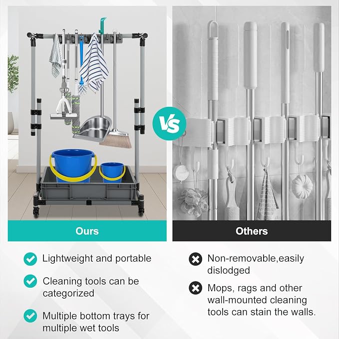 Rolling Cleaning Cart with Mop & Broom Organizer, Movable Floor-Mounted Mop - Image 5