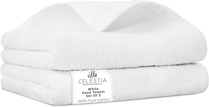 100% Cotton Hand Towel Set of 2, Sustainable, Highly Absorbent, Quick Drying by VillaCelestia
