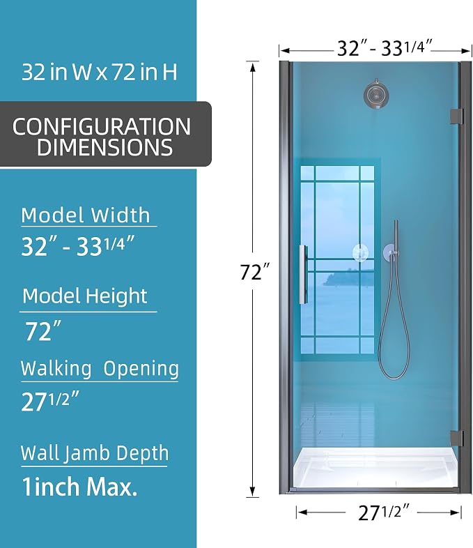GETPRO Pivot Shower Door Hinged Frameless 32 in. W x 72 in. H Swing Single - Image 9