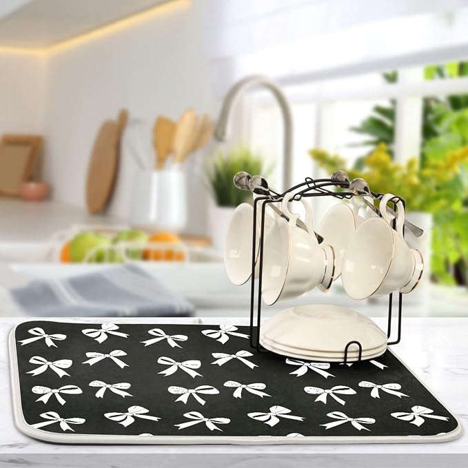 Black Bow Dish Drying Mat for Kitchen Countertop 16x18 Bowknot Coquette - Image 5