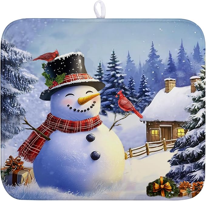 Winter Snowman Dish Drying Mat for Kitchen Counter 16x18 Snow Cardinals Pine by Wnoesat