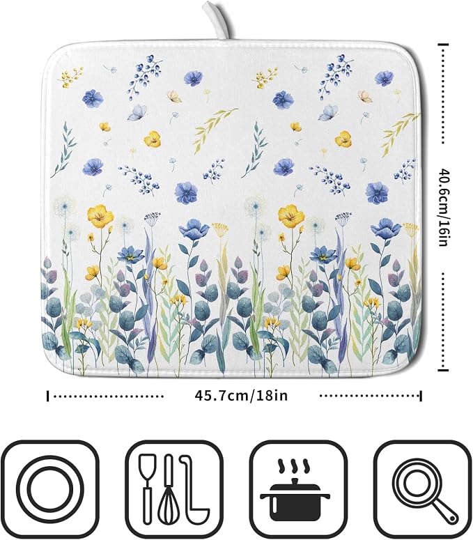 Floral Dish Drying Mat for Kitchen Counter 18x16 Inch Yellow Purple Flower - Image 4