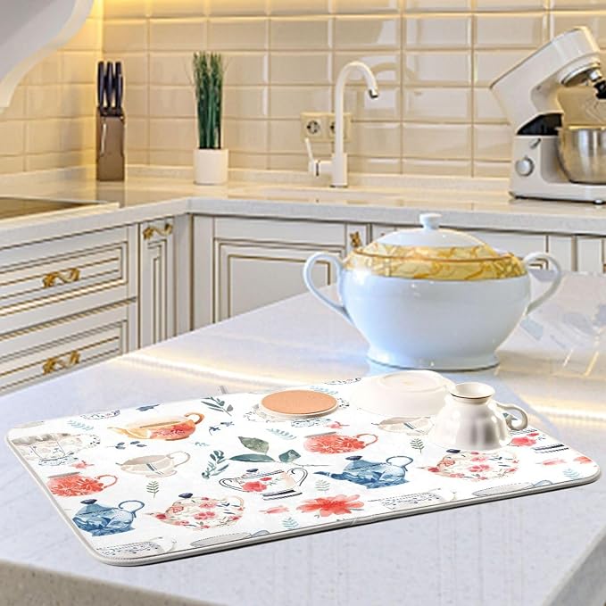 Watercolor Tea Cups Teapots Dish Drying Mat - Image 6