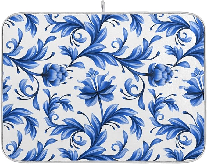 Tarity Blue Flowers White Dish Drying Mat by Unknown