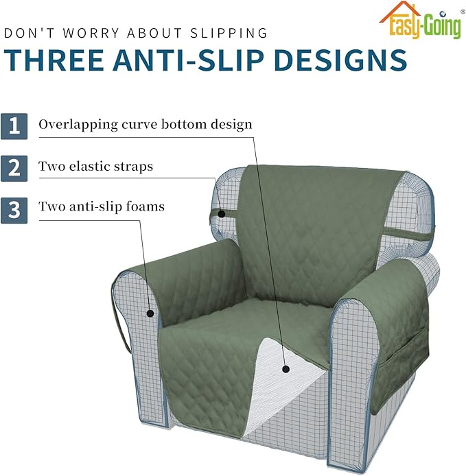 Easy-Going Sofa Slipcover Chair Cover Waterproof Couch Cover Washable Sofa Cover Non-Slip Fabric Furniture Protector with Pocket for Pets Covers Pets Kids Children Dog Cat (Chair, Greyish Green)