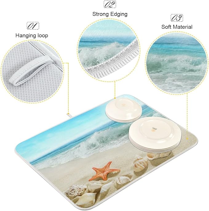 Sweetshow Summer Beach Dish Drying Mat 16 x 18 Inch Sea Wave Shells Starfish - Image 2