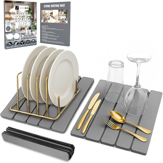 Large Foldable Stone Dish Drying Mat – Diatomaceous Earth, 2 Pack or 24"x16" by FOLANGO