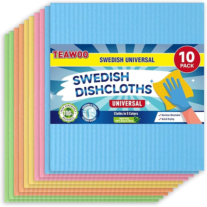 Swedish Dishcloths, 10 Pack, Ultra Absorbent Cellulose Kitchen Cloths, Reusable by TEAWOO