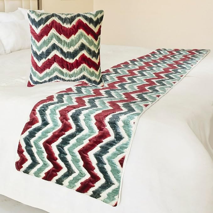 The HomeCentric King/Queen/Twin Red & Blue Designer Queen 74"x18" Bed Runner with Two Pillow Cover, Chevron & Quilted Bed Scarf on Suede Fabric - Chevron Symphony