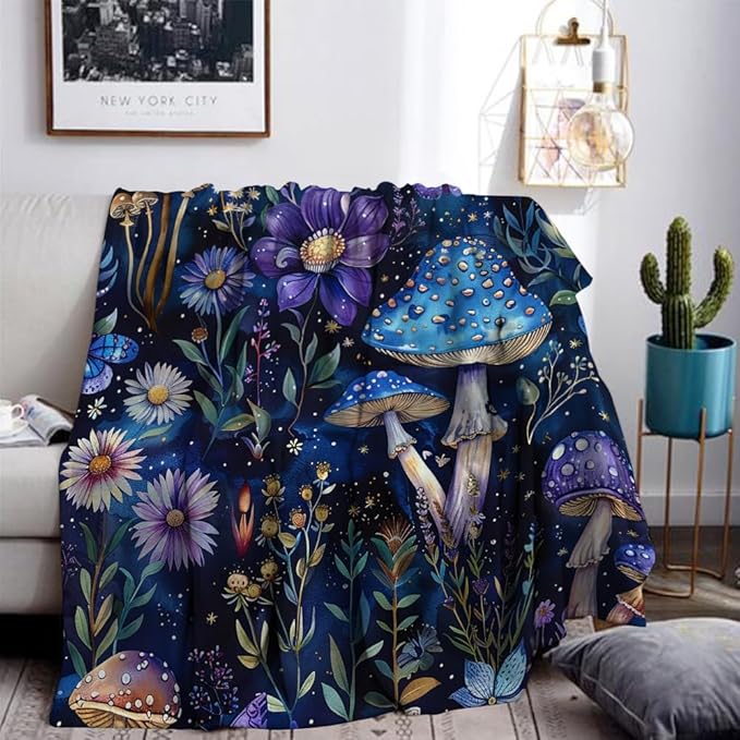 Cute Whimsical Mushroom Throw Blanket Aesthetic Dark Botanical Florals Throw,Witchy Gifts for Women,Gothic Gifts,Soft Cozy Warm Moth Witchy Plush Blanket Throw for Women Girls Mom 40"x50"