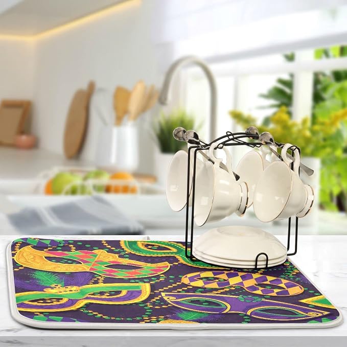Mardi Gras Dish Drying Mat for Kitchen Mask Beads Confetti Masquerade Party - Image 5