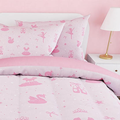 SANDJEST Ballerina Comforter Set Twin Size 68x86in for Kids Girls, Microfiber 3 Pcs Bedding Set Includes 1 Comforter, 1 Pillowcase, 1 Fitted Sheet, Nursery Room Decor