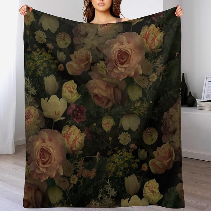 Black Floral Blanket, Rustic Watercolor Botanical Rose Peony Vintage Leaves Plant Boho Gothic Print Throw Blankets for Bed Living Room Bedding Couch Soft Decor, 30"x40"