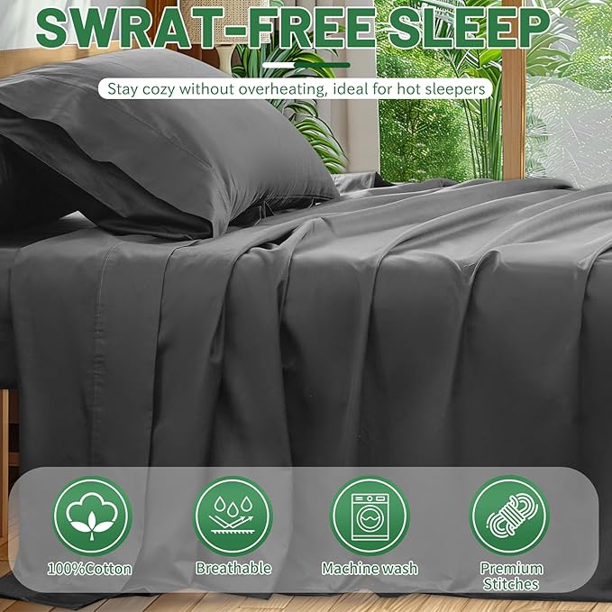 Extra Deep Pocket King Sheets 18-24 Inch 100% Egyptian Cotton 1000 Thread Count Sateen Weave Soft Breathable 4 Pieces（King，Dark Grey）