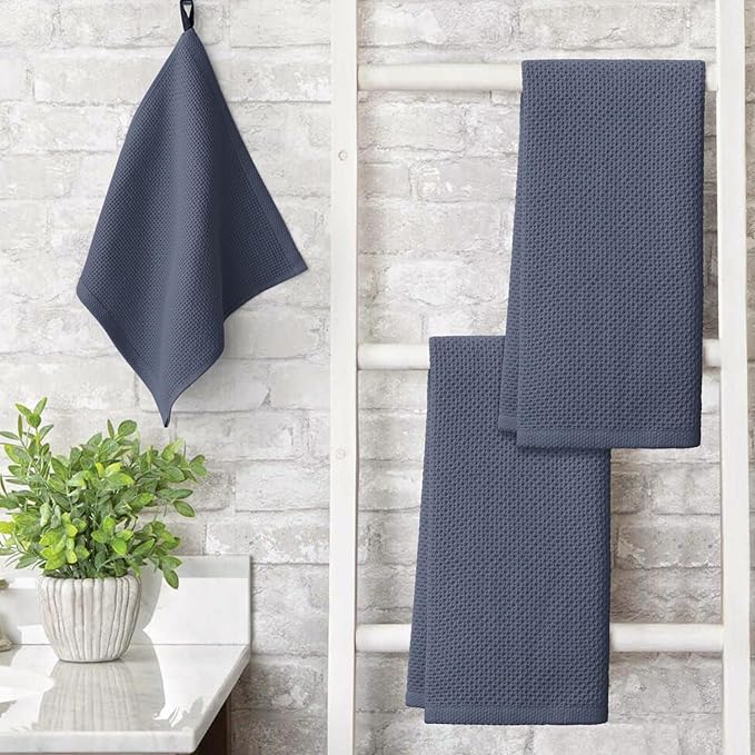 Artoid Mode 100% Cotton Navy Blue Dark Grey Waffle Weave Kitchen Dish Cloths - Image 3