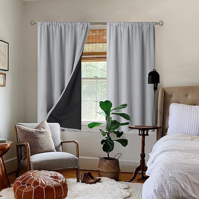 BGment Thermal Insulated 100% Blackout Curtains for Bedroom with Black Liner, Double Layer Full Room Darkening Noise Reducing Rod Pocket Curtain (52 x 54 Inch, Light Grey, 2 Panels)