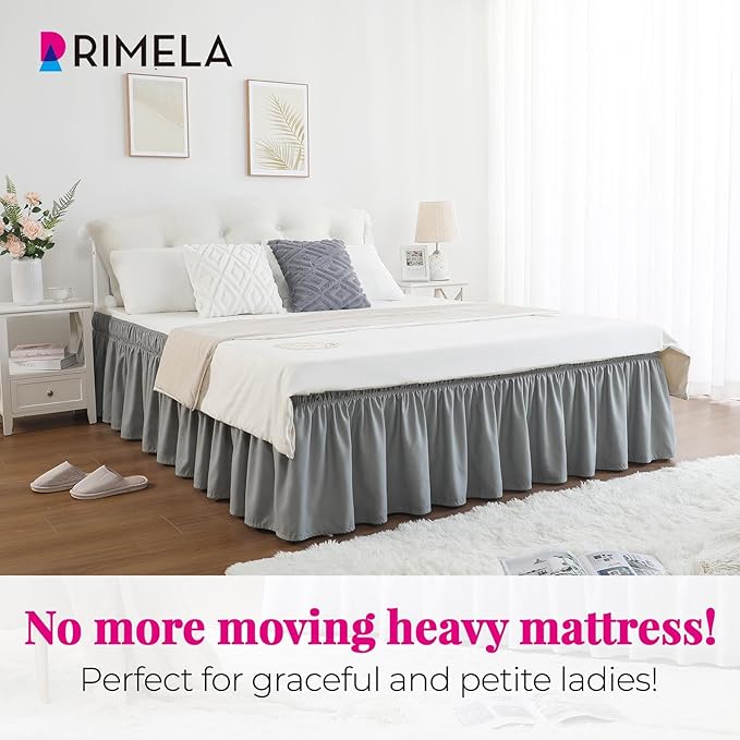 RIMELA Gray King Size Bed Skirt 25 Inch Drop, Elastic Bed Skirts Cal King Dust Ruffle, Light Grey Bedskirt for Adjustable Bed Base Solid Fade Resistant Silky Fabric Machine Washable Easy to Install