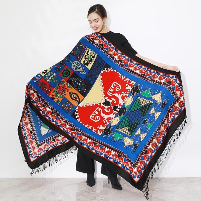 DANA XU 100% Merino Wool Pashmina Shawl for Women 96"x43", Oversized Cashmere Wrap with Tassels, Floral Travel Blanket Cape