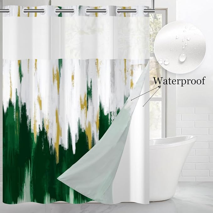 No Hook Shower Curtain with Snap in Liner, Hotel Style Dark Green White Gold - Image 2