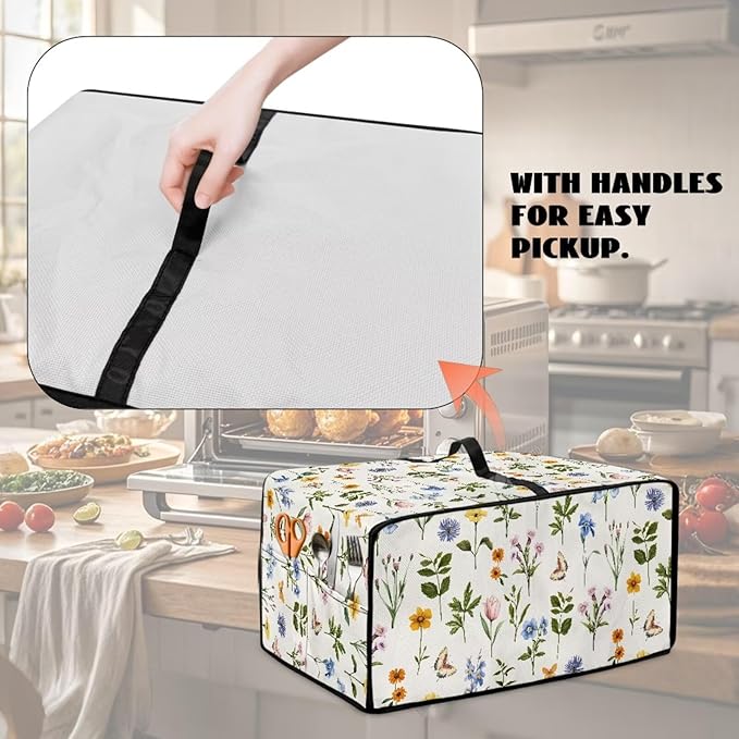 Toaster Oven Dust Cover with Side Pockets, Washable Convection Oven Cover Small Electric Appliance Protector for Kitchen Home Decor, L, Floral Butterfly Cream White