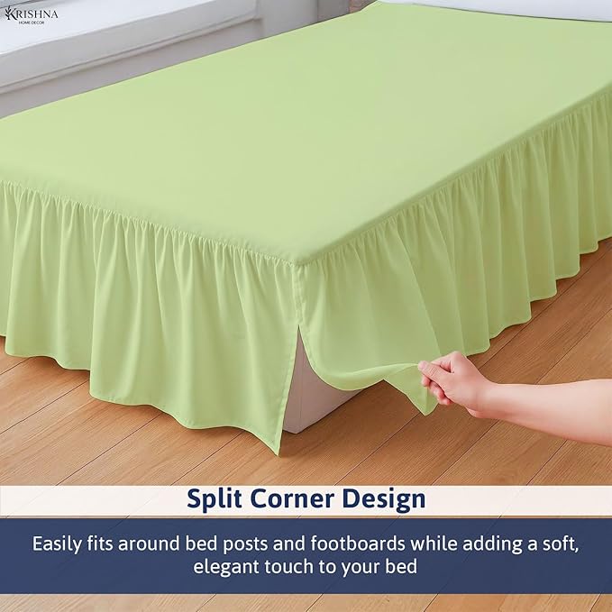 KRISHNA Ruffled Bed Skirt with Split Corners Twin, 100% Microfiber Hotel Quality, 28 Inch Drop Dust Ruffle Gathered Bedskirt with Platform, 39" x 75", Sage