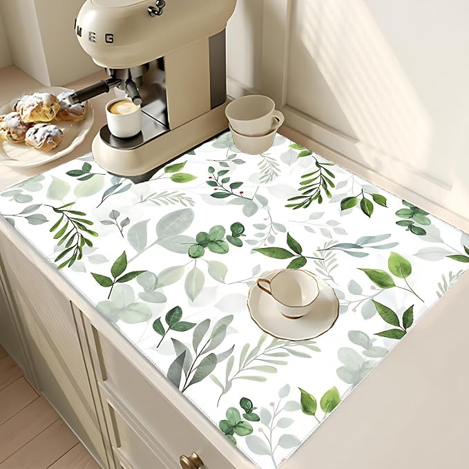 Green Leaves Dish Drying Mat 18x24 inches Microfiber Absorbent Fast Dry Mat - Image 2