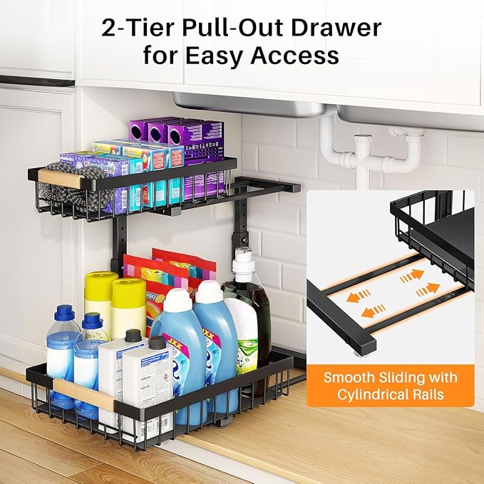 PXRACK Large Under Sink Organizer, Adjustable Height, 2-Tier Slide Out - Image 5